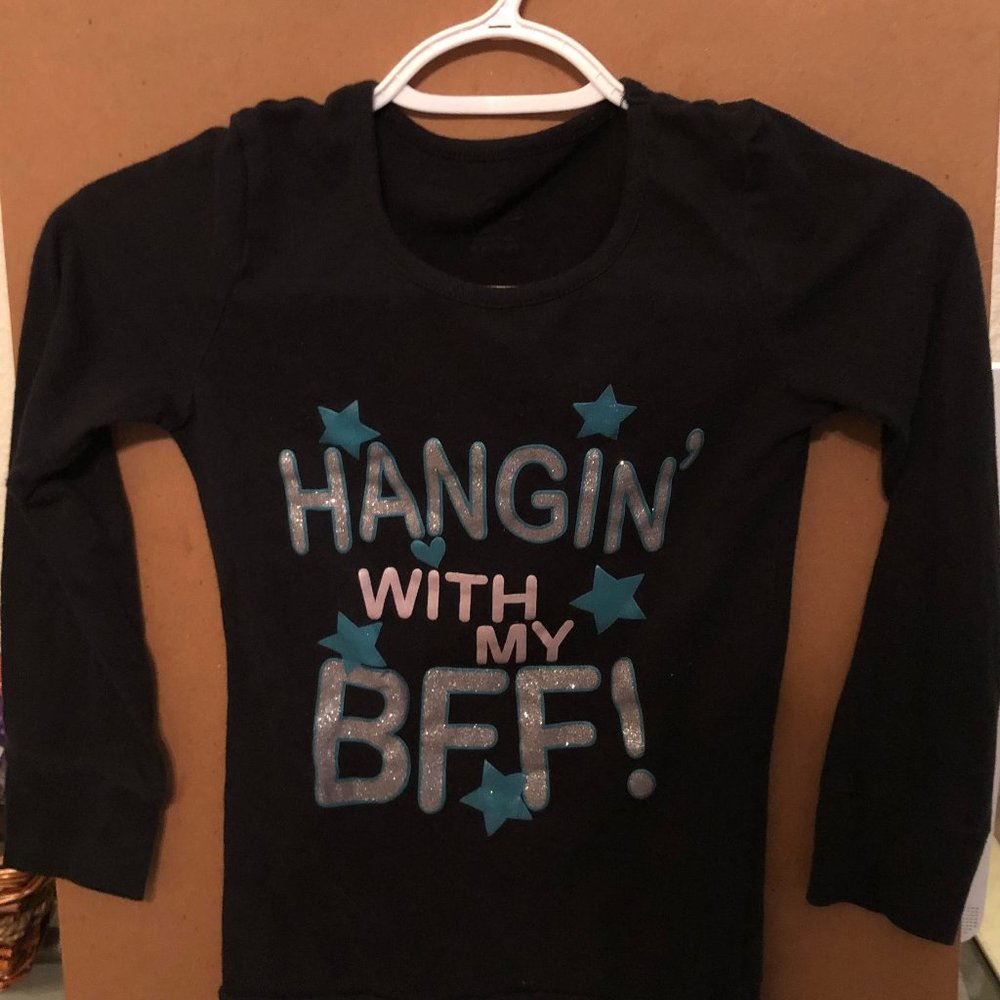 Star Ride size S (7) black long sleeve shirt with blue and silver glitter